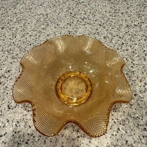 Vintage FENTON Amber MID-CENTURY Waffle Ruffled Lace Glass Candy Dish Bowl